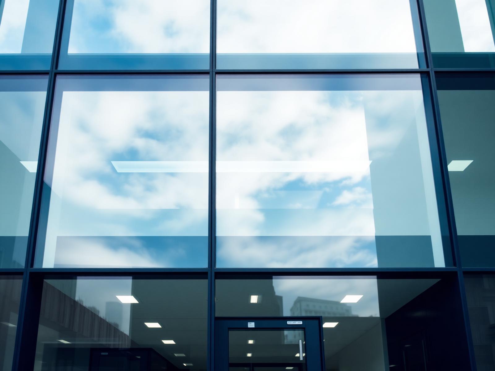 Modern commercial glass facade with sky reflection